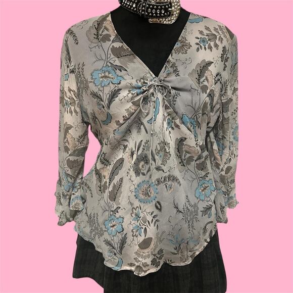 New York City Design Co Vintage 90s Grey and blue floral blouse - Picture 1 of 8